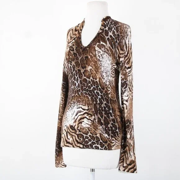 Alberto Makali Sz M Brown White Beaded V Neck Animal Print Viscose Spandex Top - Picture 13 of 16